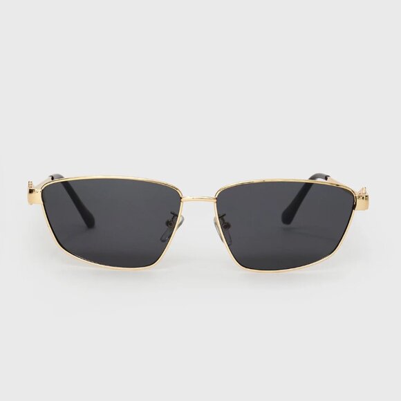 Gold Frame Rectangular Sunglasses • Black Lens Unisex Retro Style NEW WITH CASE. - Picture 2 of 3